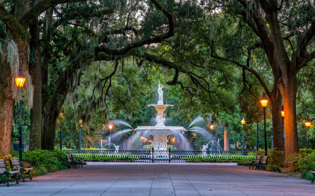 Fountain in Savannah, GA on the Savannah, Charleston, The Old South, St Simon & Jekyll Island bus tour with Goody Tours